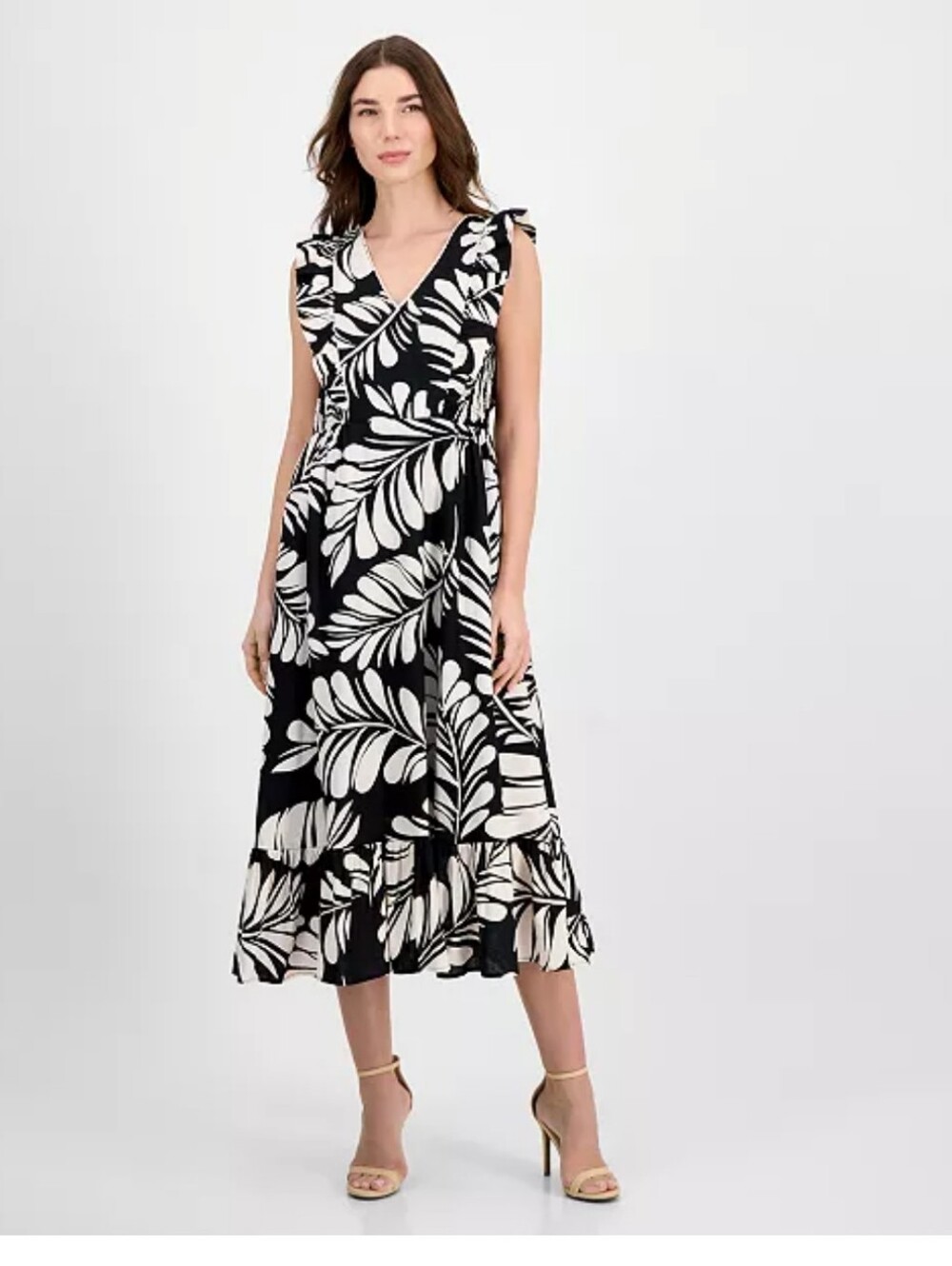Anne Klein NWT 20W Black White Tropical Leaf Ruffle Tiered Maxi Dress $159 Plus